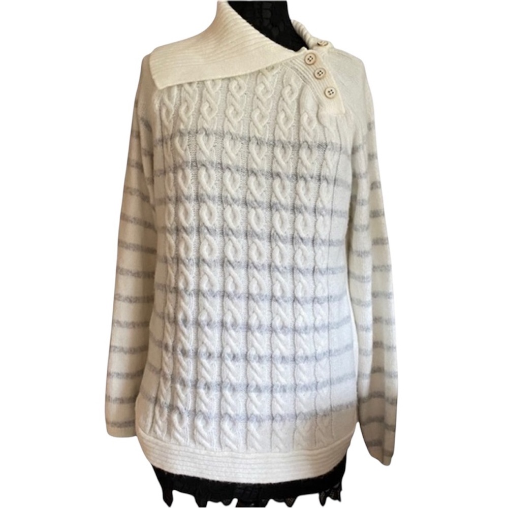 Croft & Barrow off white cream chunky cable knit stripe tunic turtleneck sweater
